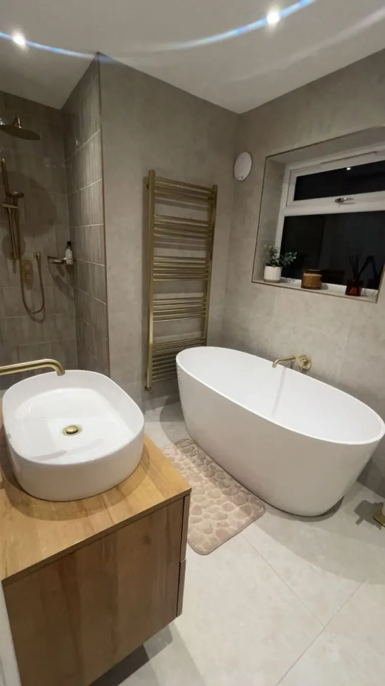 Shower room with brushed brass fittings